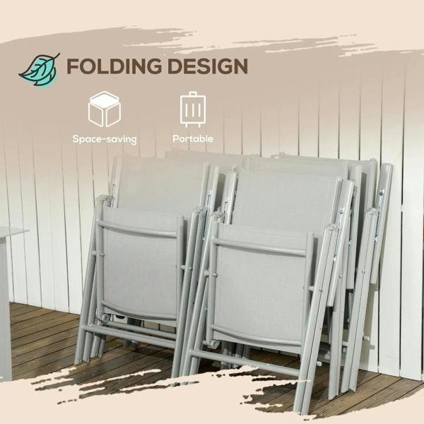 Grey folding garden dining chairs stacked for space-saving storage.