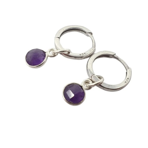 Mini Amethyst February Birthstone Silver Huggies