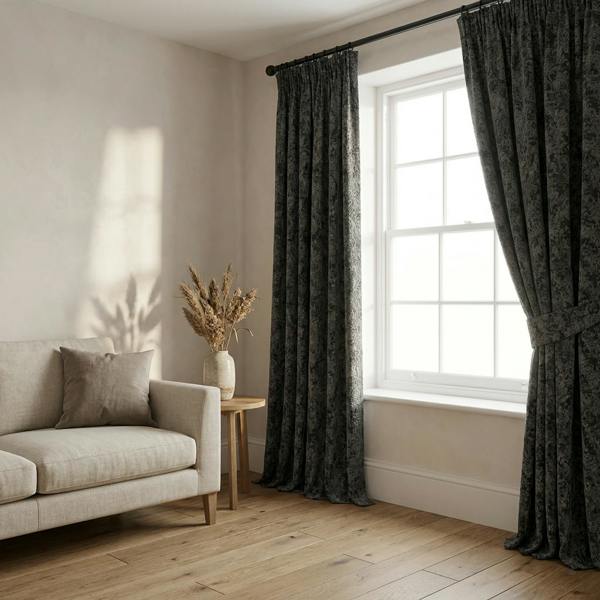 Athens made-to-measure curtains in Flint, styled in a living room