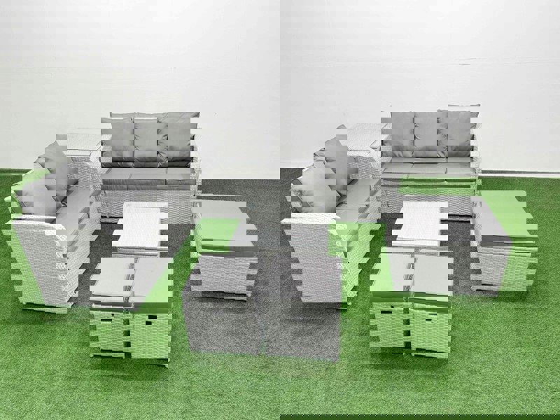 Fimous 8 Seater PE Rattan Wicker Garden Furniture Patio Conservatory Sofa Set with Square Coffee Table 3 Seater Sofa Love Sofa 3 Stool Side Table