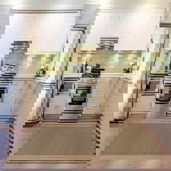 Machine Washable Designer Mats Bordered Line Design Beige