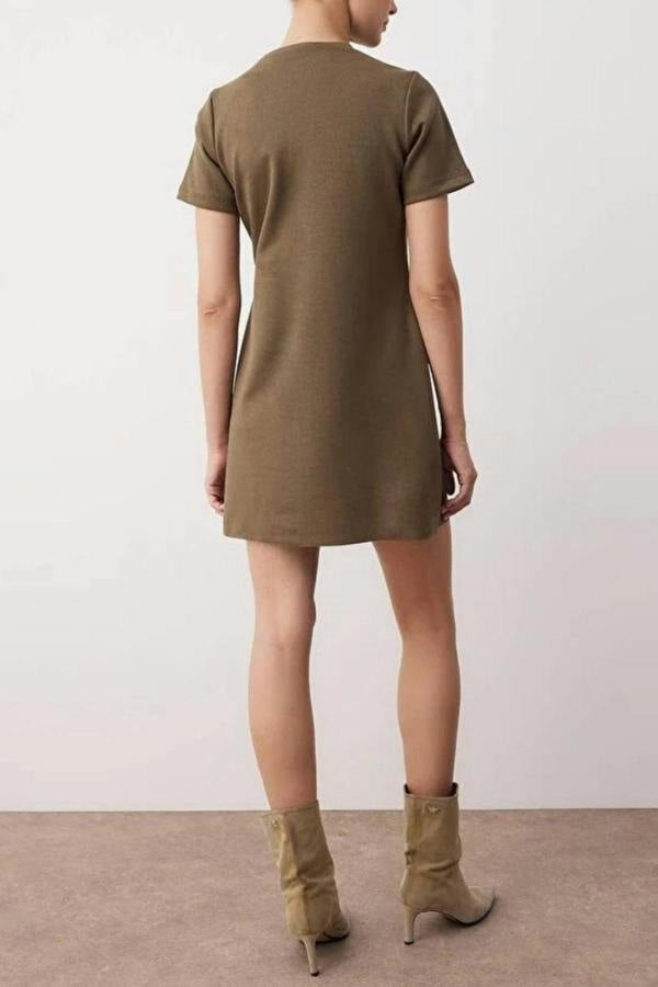 WOVCOR Crew Neck Mini Suede Knit Dress with Stone Detail