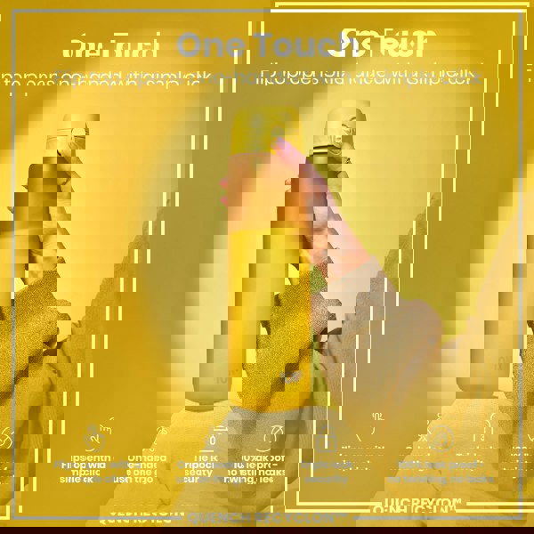 A yellow water bottle is being held; its flip top opens one-handed. The bottle is shown against a yellow background with text describing its features: "One Touch," "Flip top opens one-handed with a simple click," "Flips open with a simple click," "One-handed use on the go," "Triple lock security," "100% leak proof - no twisting, no leaks," and "QUENCH RECYCLON™".