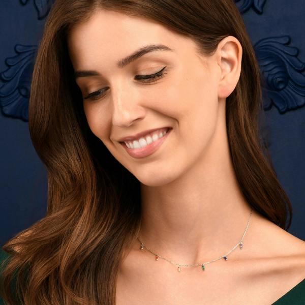 namana 925 Sterling Silver Rainbow Coloured  Baguette Charm Necklace for Women