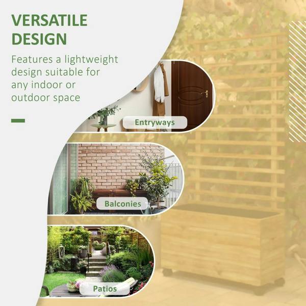 Natural wood raised planter with back trellis for indoor or outdoor spaces
