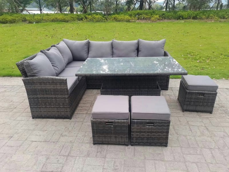 Fimous High Back Corner Rattan Garden Furniture Sofa Rising Dining Table Height Adjustable 9 Seater 3 Small Foot Stools