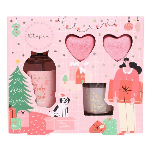 The Kind Edit Co. Utopia Relax & Bathe Gift Set  - 30g Candle, 2 x 20g Bath Fizzer, 100ml Body Wash