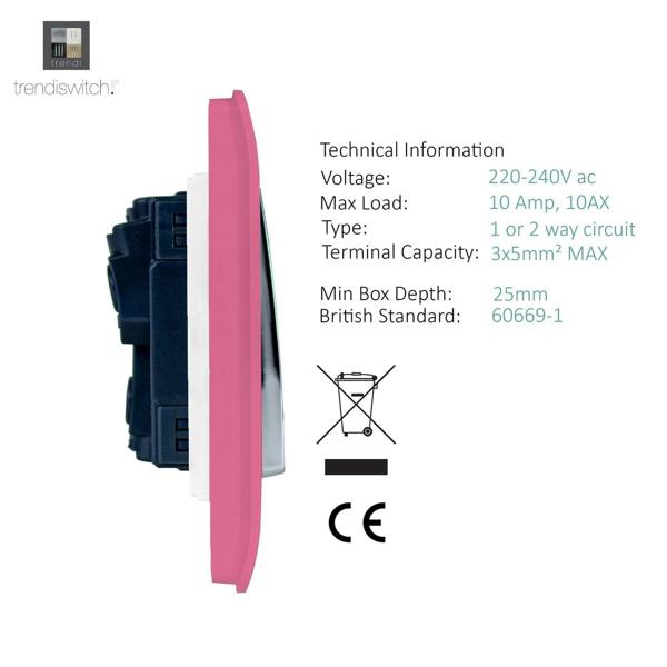 Trendi Switch 1 Gang 1 or 2 way Rocker Light Switch in Candy Pink