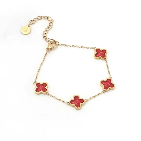 Say It With Cherry Red Crystal Clover Bracelet - Yellow Gold Plated