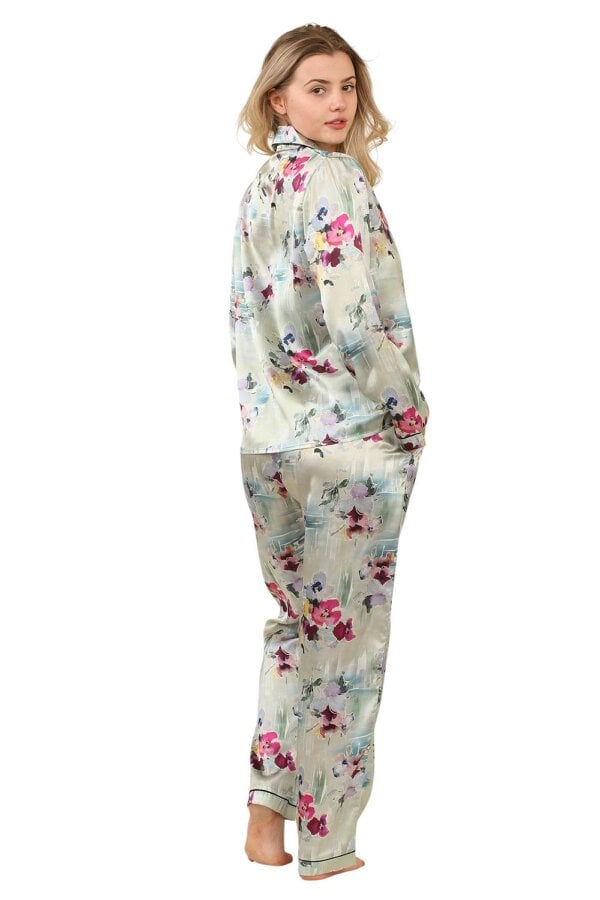 Luxury Satin Watercolour Floral Pyjama Set – Long Sleeve, Button-Up & Pockets
