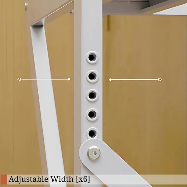 Close-up of the DryerStand Maxi six-position width adjustment on the white steel frame