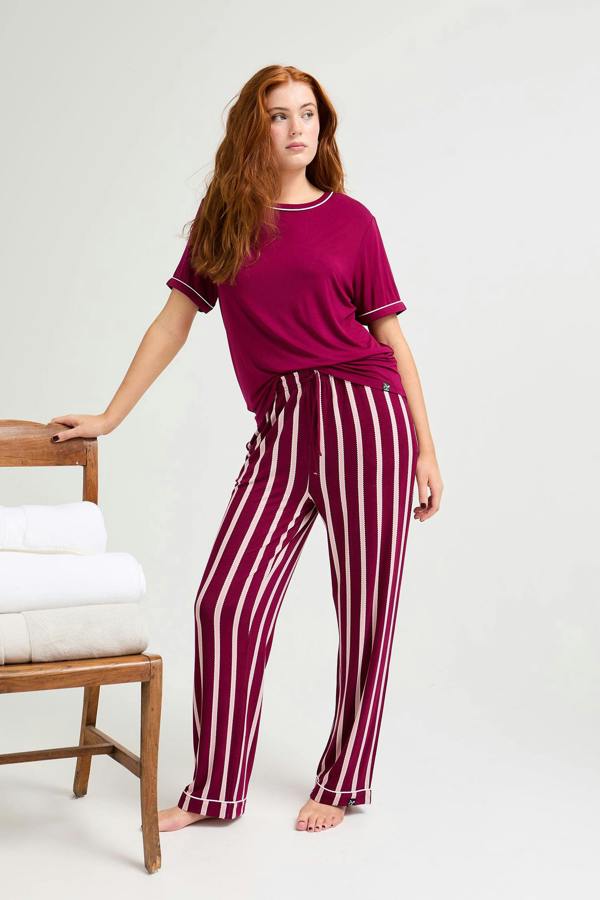 Bamboo Tee and Trouser Set in Bordeaux Stripe - Pajamas