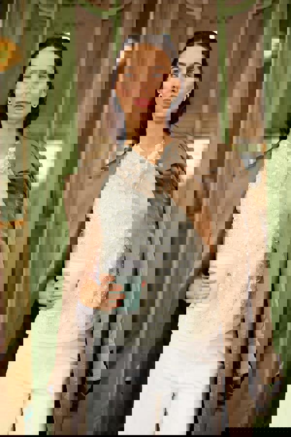 GWD Imara Floral Embroidery, Sheer Mesh Sparkle Top