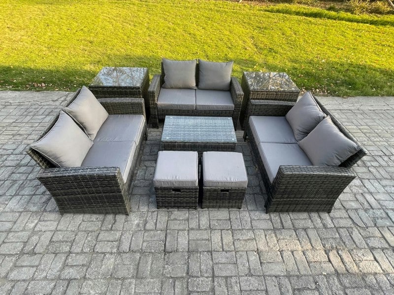 Fimous 8pc Rattan Sofa Garden Furniture Outdoor Patio Set with 2 Side Tables 2 Small Footstools Love Seat Sofa Dark Grey Mixed