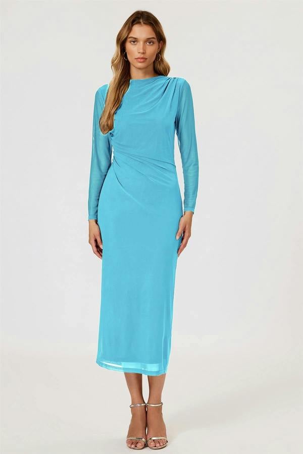 FS Collection Long Sleeves Mesh Midi Dress In Aqua