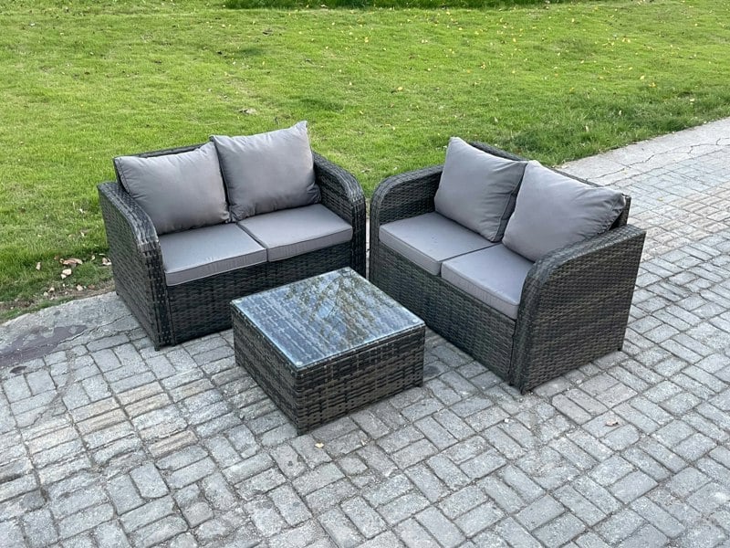 Fimous Rattan Sofa Set Outdoor Garden Furniture Set with Square Coffee Table Loveseat Sofa Dark Grey Mixed