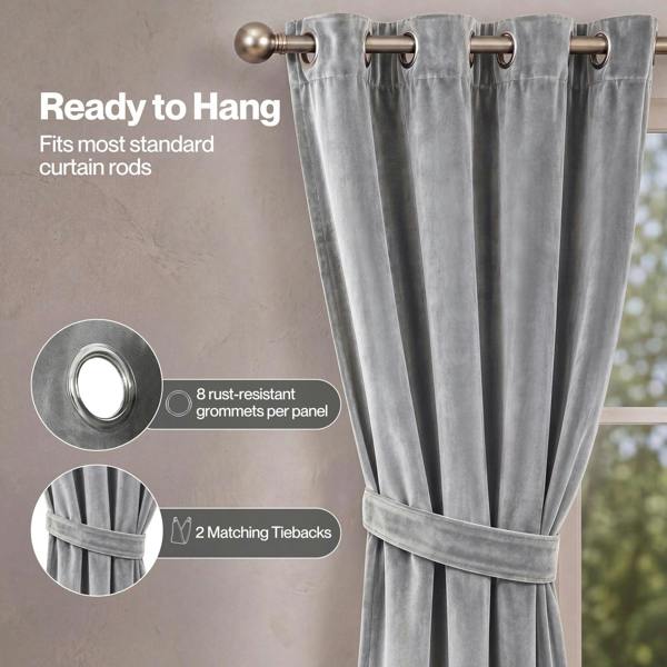 Marlow Thick Thermal Blackout Curtains Velvet 46x54 Inch Eyelet Ring Top Grey