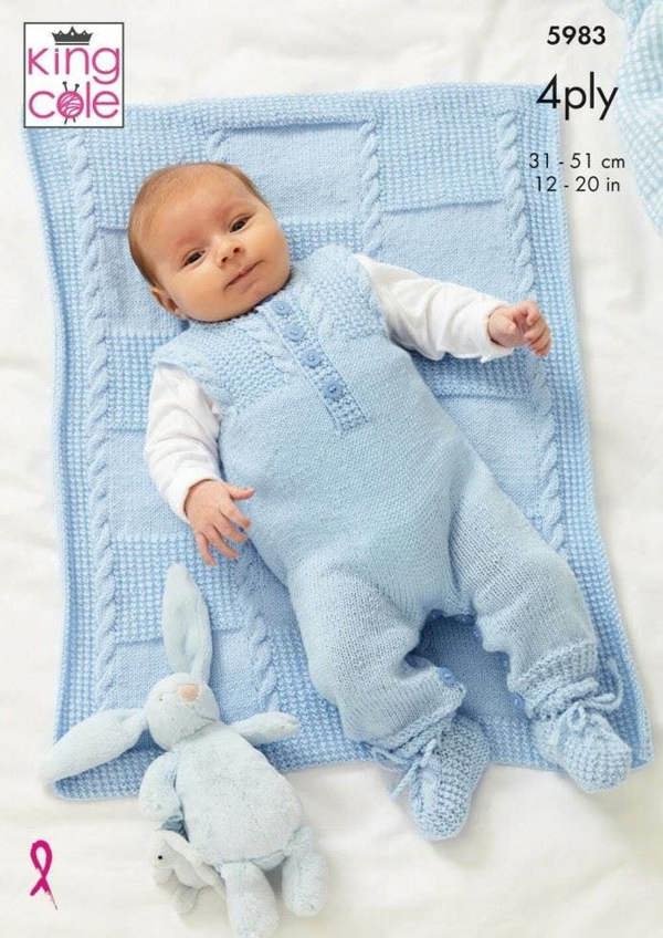 King Cole Cherished 4 Ply Knitting Pattern 5983, Jackets, Dungarees, Shoes, Blankets for Baby, 12 - 20 Inches