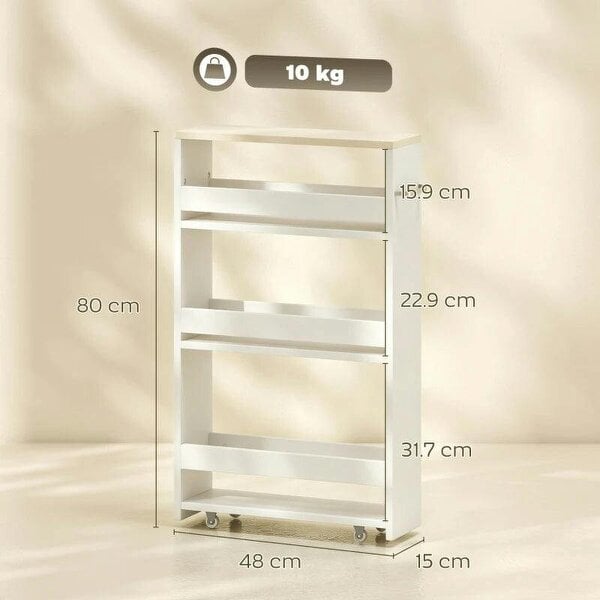 Bobobiy Storage Cart, 4-Tier Compact Storage Trolley on Wheels and Handle, 48W x 15D x 80H cm, White