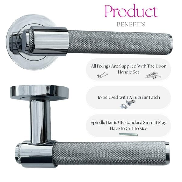 EDH Door Hardware Knurled Polished Chrome Door Handles – Internal Lever Handle Packs with Fixings