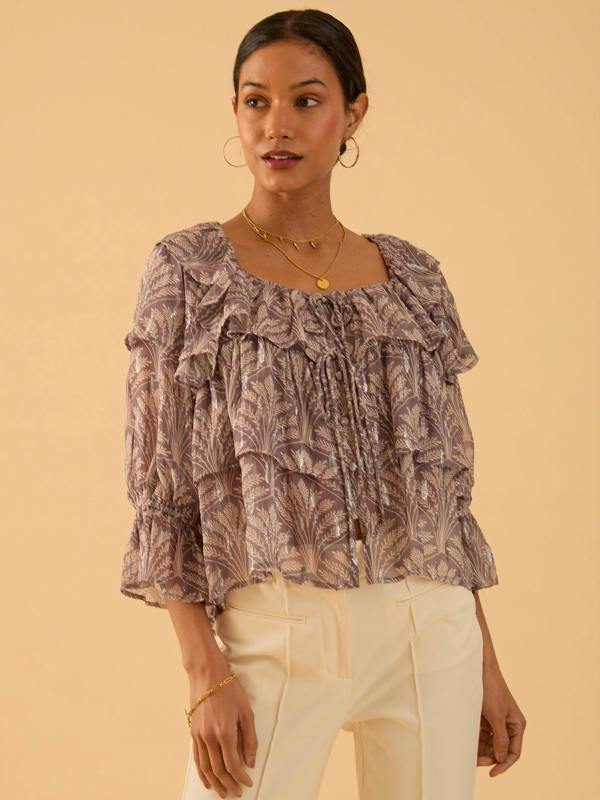 Rose & Nancy Olivia Pink Mink Sparkle Print Ruffle Blouse