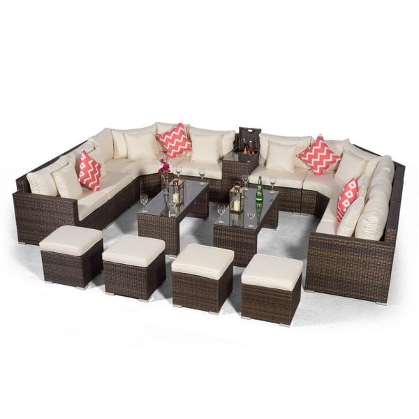 Giardino Santorini U Shape Modular 8 Seat Rattan Sofa Set With Armrest Drinks Cooler, 2 Coffee Tables & 4 Stools