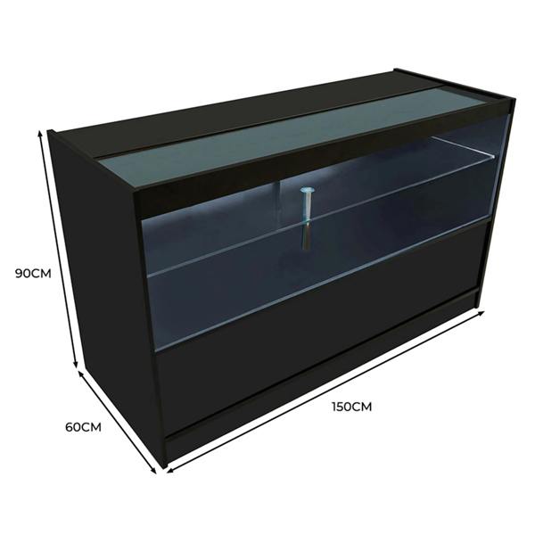 LED retail shop counter in sleek black, featuring a glass top, illuminated display area, and spacious storage beneath, measuring 150x60x90 cm
