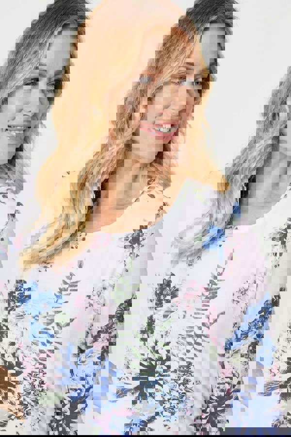 Pink | Floral 3/4 Flare Sleeve Curve Hem Top