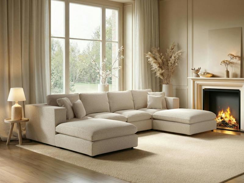 SOLACE+CO Asher Large U Shape Sofa Bundle Beige Boucle