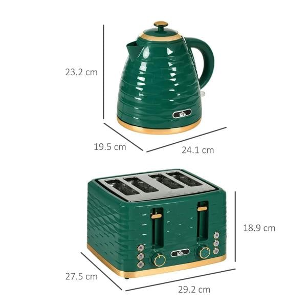 Green kettle and 4-slice toaster shown with product size diagram lines.