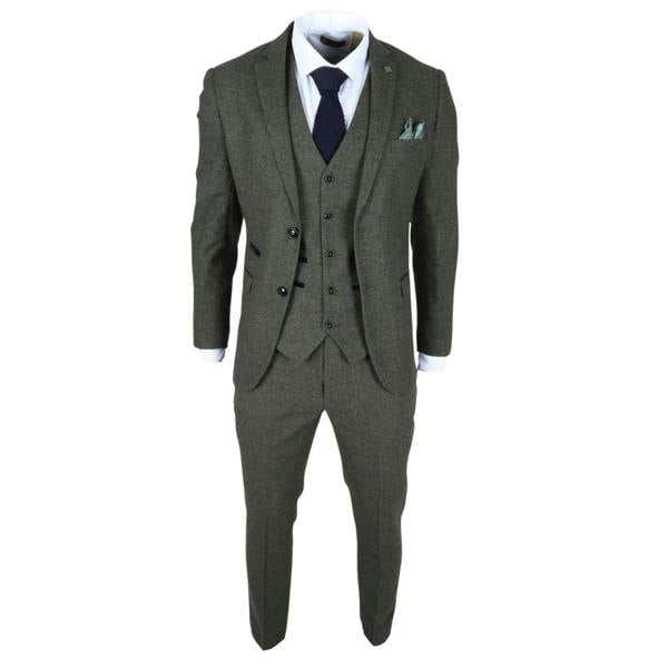 Infinity Leather Men's Olive Green Wool Blend Tweed Formal Suit