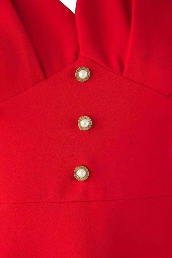 WOVCOR V-Neck Balloon Sleeve Pearl Button Midi Elegant Woven Plus Size Dress