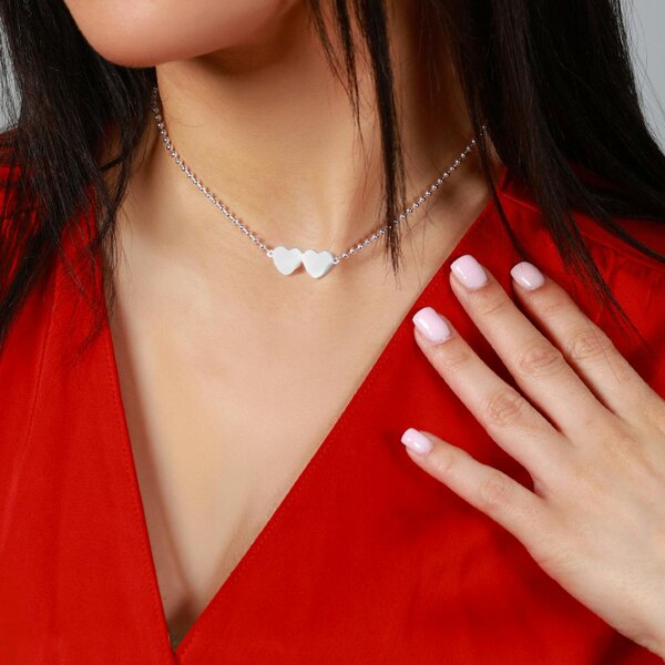 Say It With Detachable Double Heart Choker Necklace - Silver