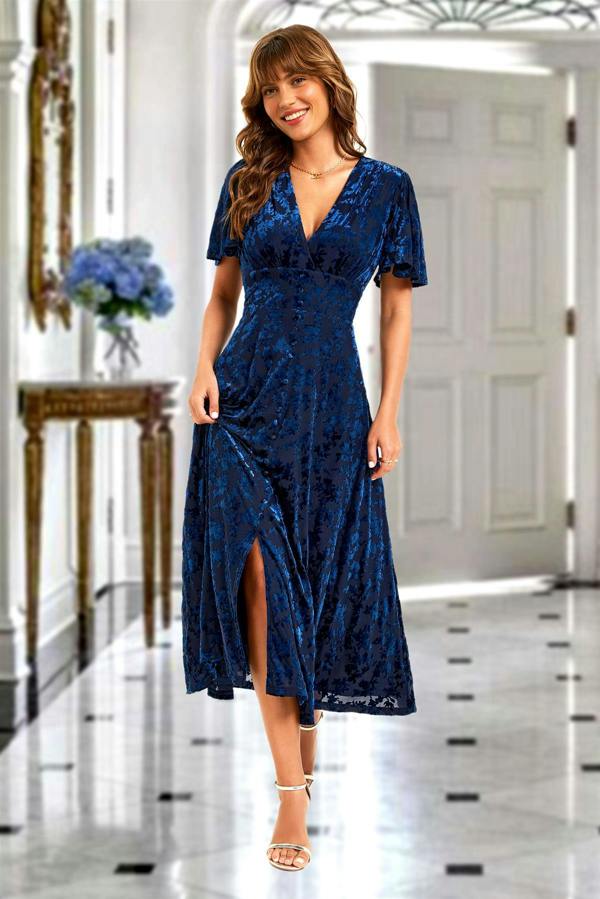 FS Collection Floral Velvet Devore V neckline Dress In Navy
