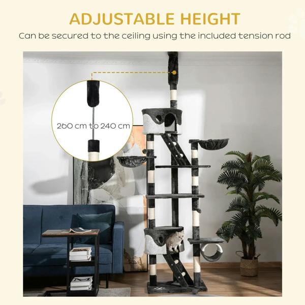 Floor-to-ceiling adjustable cat tree with hanging bed and sisal-wrapped posts