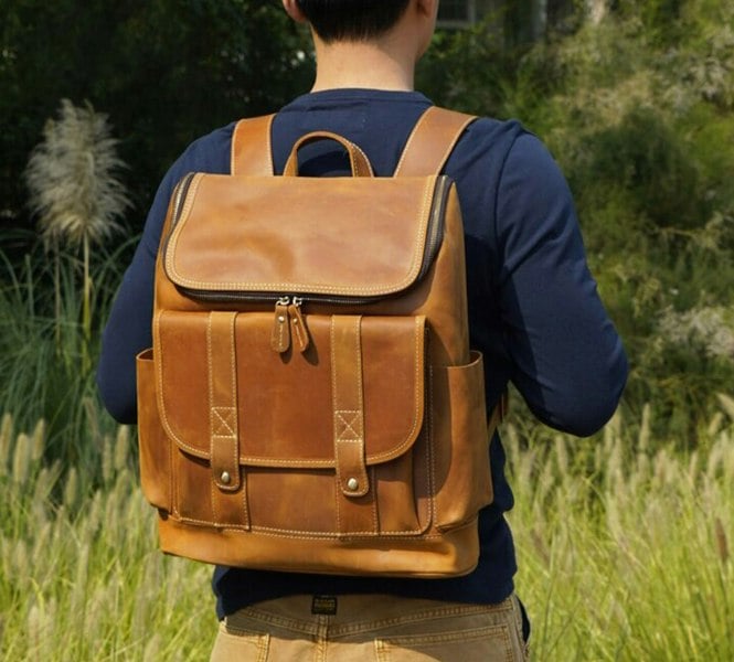 Touribag Top Open Leather Backpack With Front Straps Detail - Brown