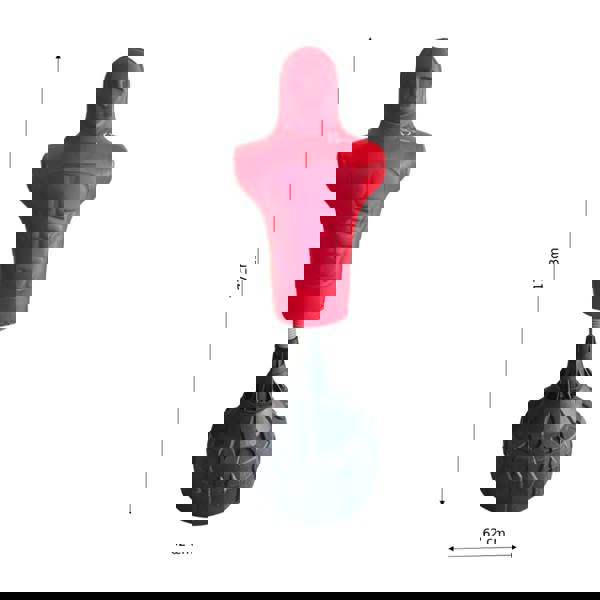 Medium free-standing boxing dummy in red with a muscular torso, mounted on a sturdy black base for stability and durability