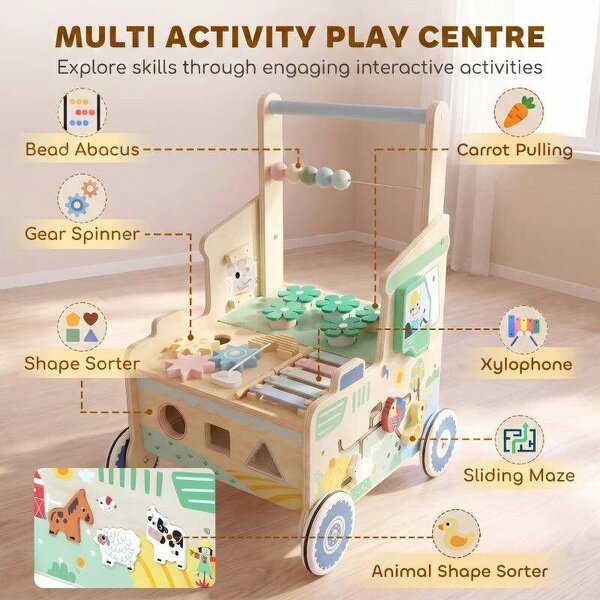 Wooden Baby Walker for 1-3 Year, Montessori Inspired Push Along Walker Toys, Multifunctional Activity Centre