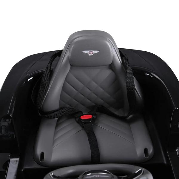 Black ride-on car seat with padded headrest and safety belt