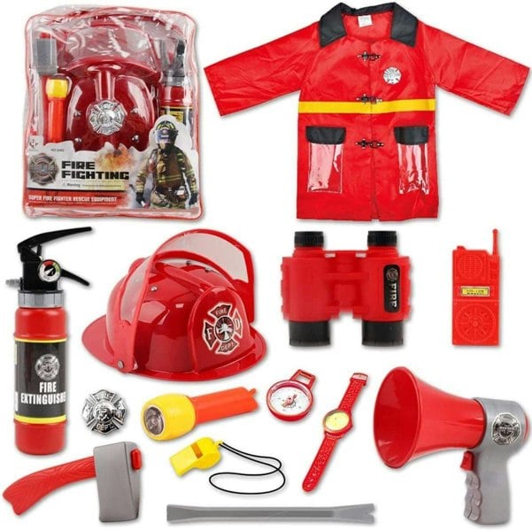 deAO Toys Washable Fireman Costume Set with Storage Backpack Real Water Shooting Extinguisher Halloween Role Play Set