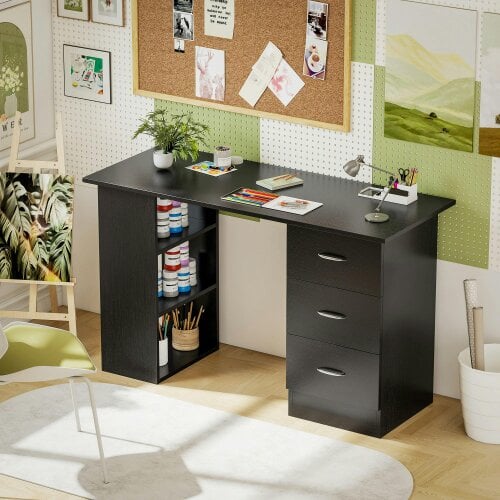 Wyld Haus Tonosa 120cm Wooden Black Study Desk With 3 Shelves And 3 Drawers