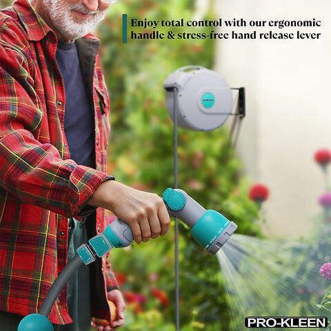 ProKleen Pro-Kleen Garden Hose Reel Pipe, Retractable Wall Mounted, Auto Lock & Rewind, 10 Function Gun & Nozzle 20m