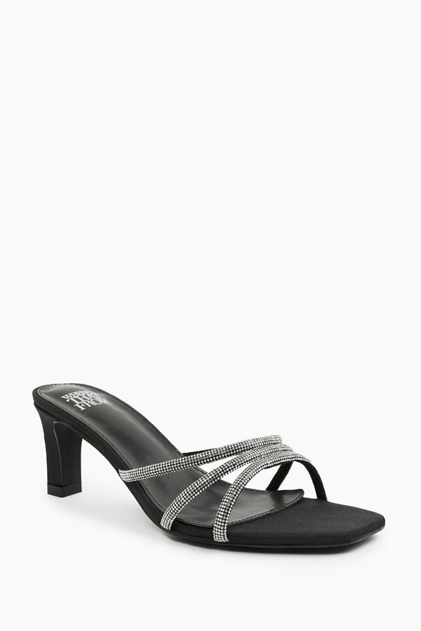 Where's That From Penelope Square Toe Low Block Heel With Diamante Strap Detail in Black Satin