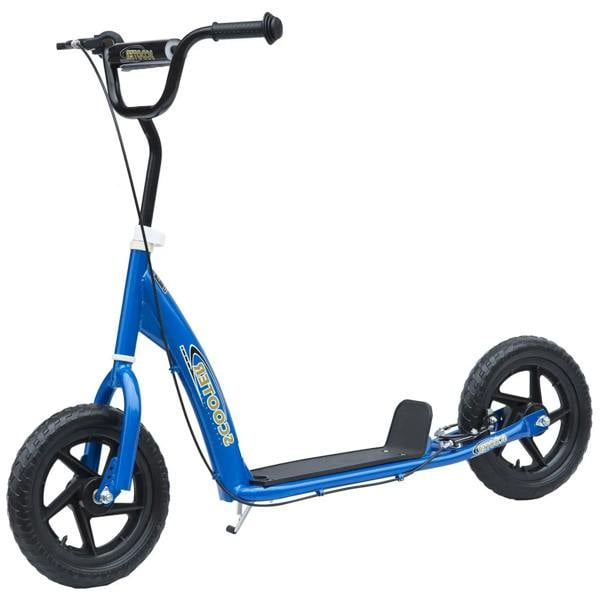 Blue kids kick scooter with black handlebars and large black wheels