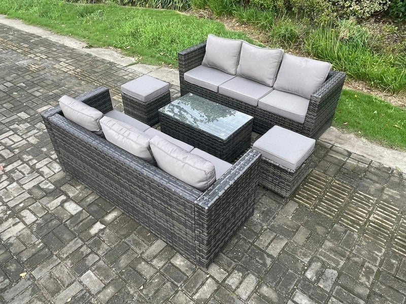 Fimous 8 Seater Rattan Garden Furniture Set Outdoor Patio Sofa Set with Oblong Coffee Table 2 Small Footstools Dark Grey Mixed