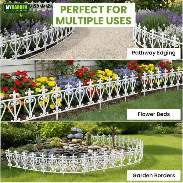 My Garden Outdoor Living Garden Fence Panels 4 Pack-2.4M Decorative Edging Panel-Secure Ground Stakes-Inter-Locking Fence Edging, Easy Hammer-In Setup