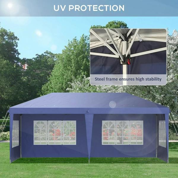 Blue pop-up gazebo tent with white window panels and visible steel frame roof support