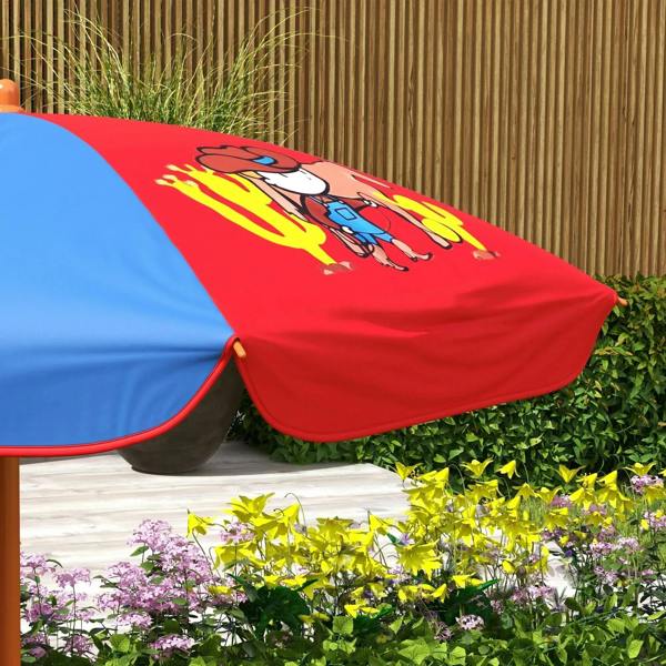 Cowboy-themed parasol canopy in red and blue with rider graphic