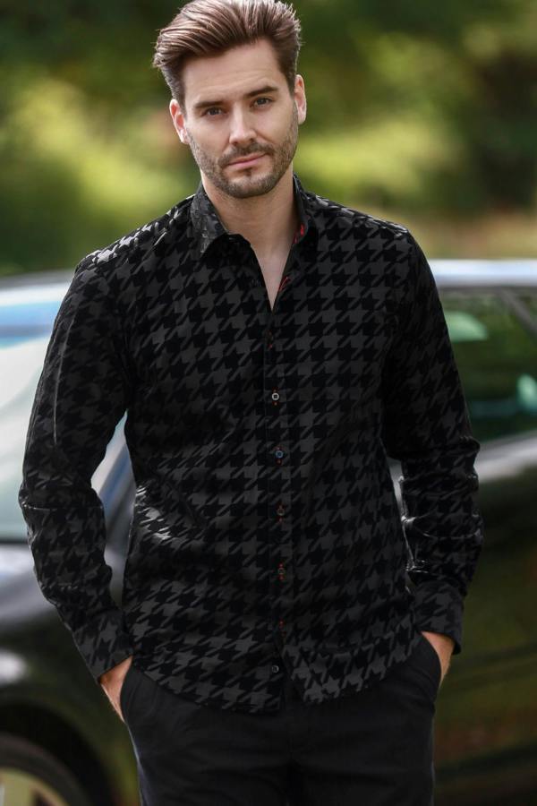 HOUNDSTOOTH FLOCKING SHIRT ON JET - BLACK TENCEL BASE - Claudio Lugli Shirts