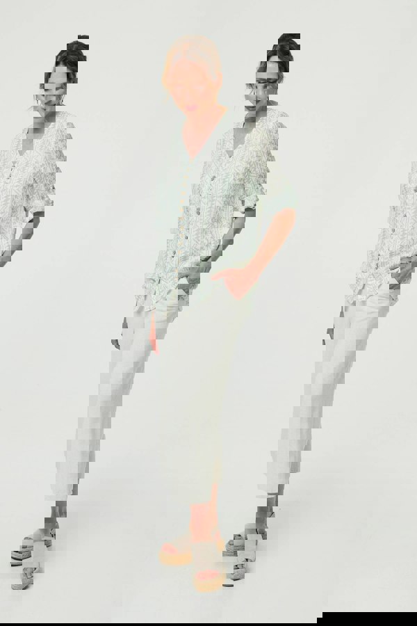 Sage | Printed Button Front Curve Hem Blouse
